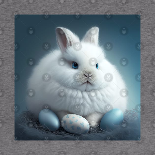 Cute White Fluffy Bunny with Blue Eyes and Easter Eggs by mw1designsart